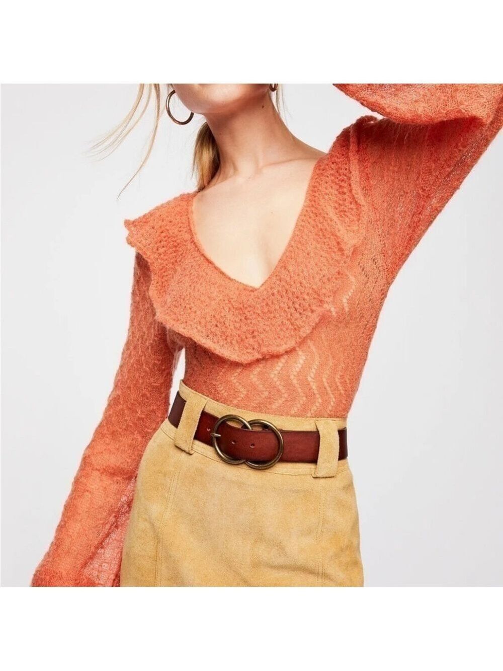 Free People Macaroon Ruffled Neck Mohair Wool Sweater Burnt Orange Ruffle size L - Picture 4 of 9